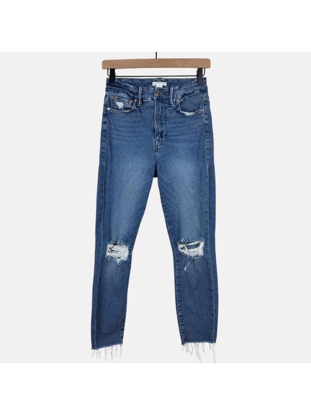 Good American Distressed Raw Hem Skinny Jeans Womens 4/27 Medium Wash Stretch